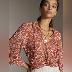 Anthropologie Sheer Printed Peasant Blouse | Size Medium